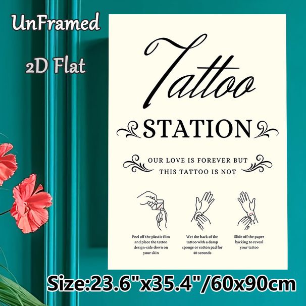 Tattoo Station Painting Poster, Vintage Typographic & Line-art Instructional Poster, Clear Temporary Tattoo Application Guide, Ideal For Wedding_maomaolike.com