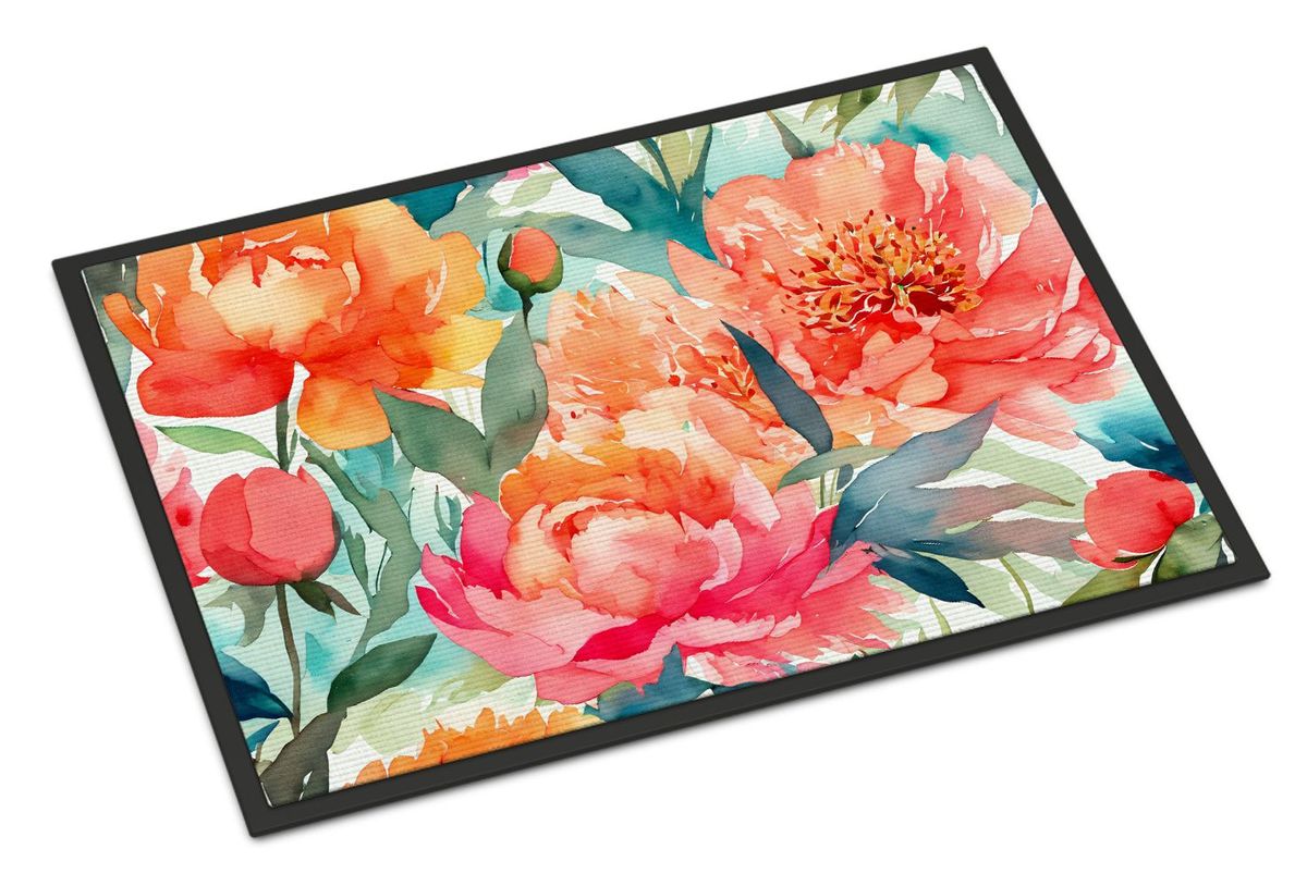 Peonies In Watercolor Doormat Front Door Mat Indoor Outdoor Rugs For Entryway, Non Slip Washable Low Pile, 24H X 36W_maomaolike.com