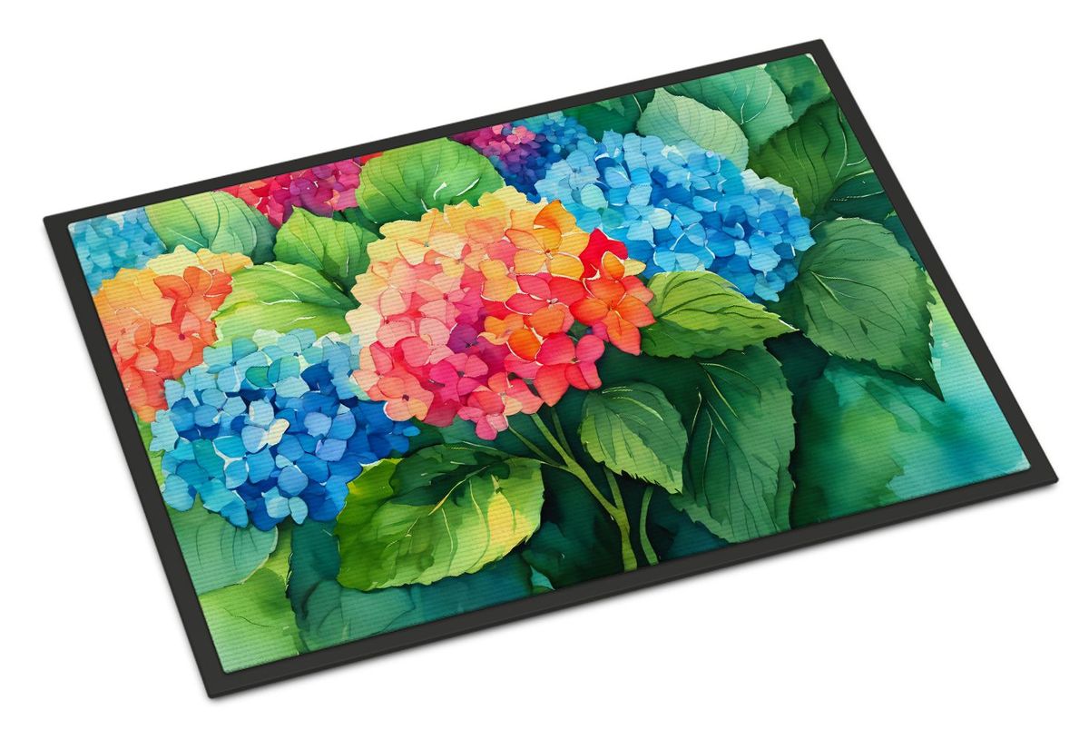 Hydrangeas In Watercolor Doormat Front Door Mat Indoor Outdoor Rugs For Entryway, Non Slip Washable Low Pile, 24H X 36W_maomaolike.com