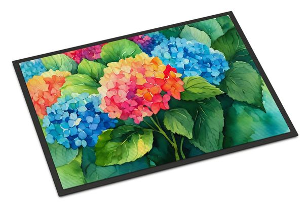 Hydrangeas In Watercolor Doormat Front Door Mat Indoor Outdoor Rugs For Entryway, Non Slip Washable Low Pile, 24H X 36W_maomaolike.com