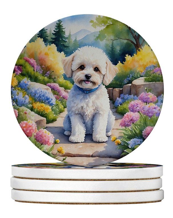 Maltipoo Spring Path Large Sandstone Coasters Pack Of 4 Absorbent Round Coasters Decor Gifts For Men Or Women, 4 In, Multicolor_maomaolike.com