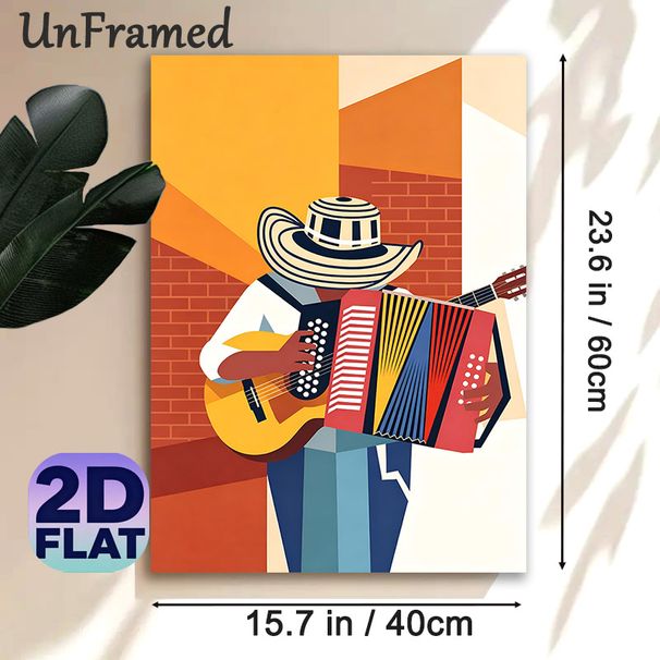 Musician Themed Painting Poster, Vibrant Geometric Style Poster, Colorful Artwork Of A Musician Playing Accordion And Guitar, Stylish Decor Ideal For_maomaolike.com