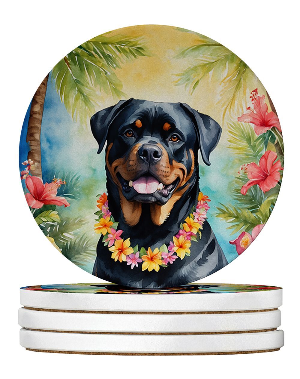 Rottweiler Luau Large Sandstone Coasters Pack Of 4 Absorbent Round Coasters Decor Gifts For Men Or Women, 4 In, Multicolor_maomaolike.com