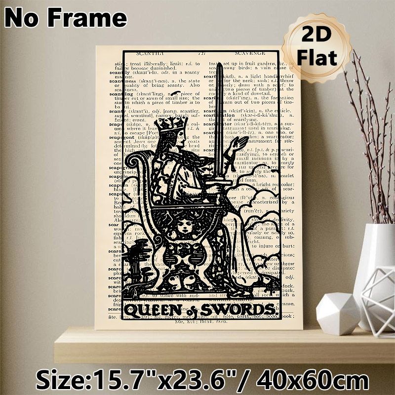 Queen Of Swords Tarot Painting Poster, Vintage Monochrome Engraving-style Poster, Distinctive Tarot Art Ideal For Home, Study And Living Room Decor_maomaolike.com