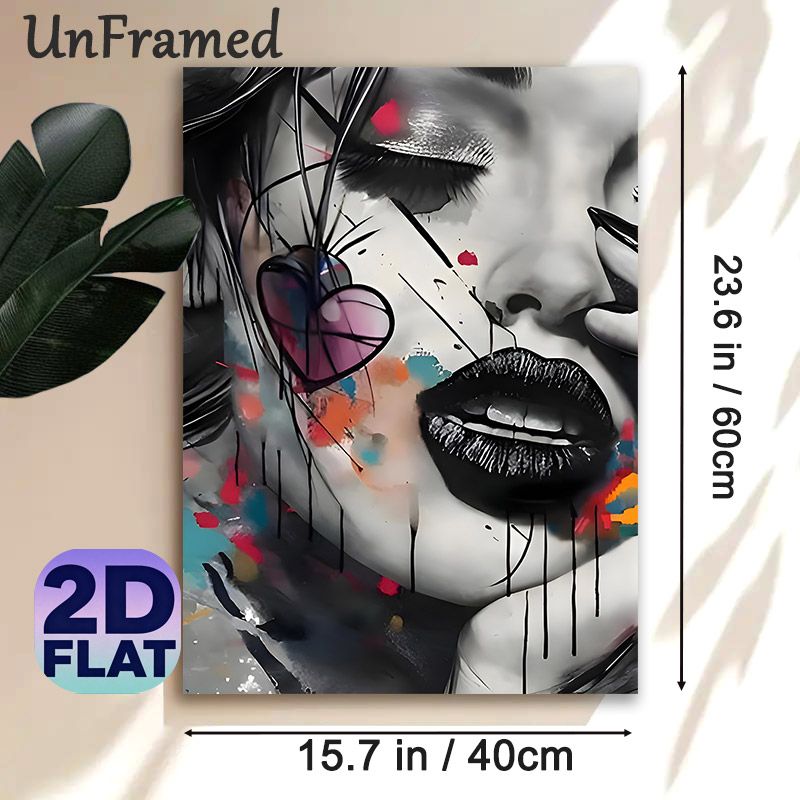Graffiti Style Female Portrait Painting Poster, Bold Monochrome Face With Colorful Splash & Heart Element Poster, Edgy Artistic Decor For Bedroom_maomaolike.com
