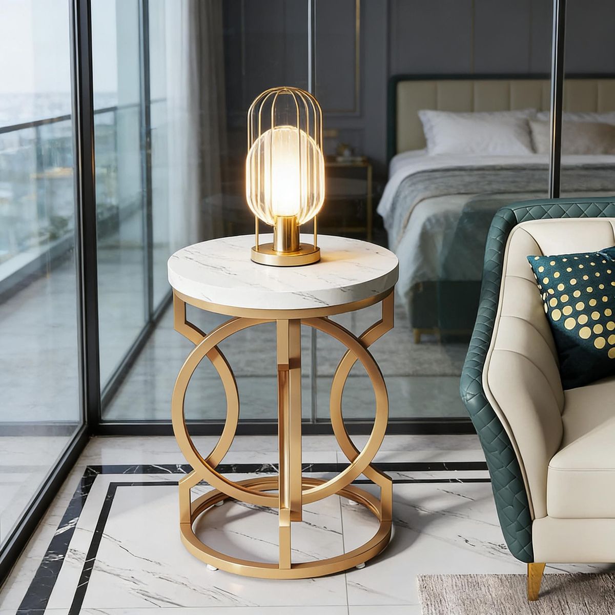 Round End Table, Modern Bedside Table With Marble Topw_maomaolike.com