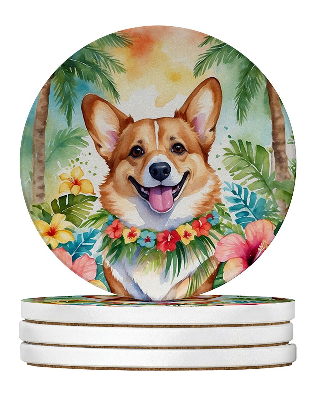 Corgi Luau Large Sandstone Coasters Pack Of 4 Absorbent Round Coasters Decor Gifts For Men Or Women, 4 In, Multicolor_maomaolike.com