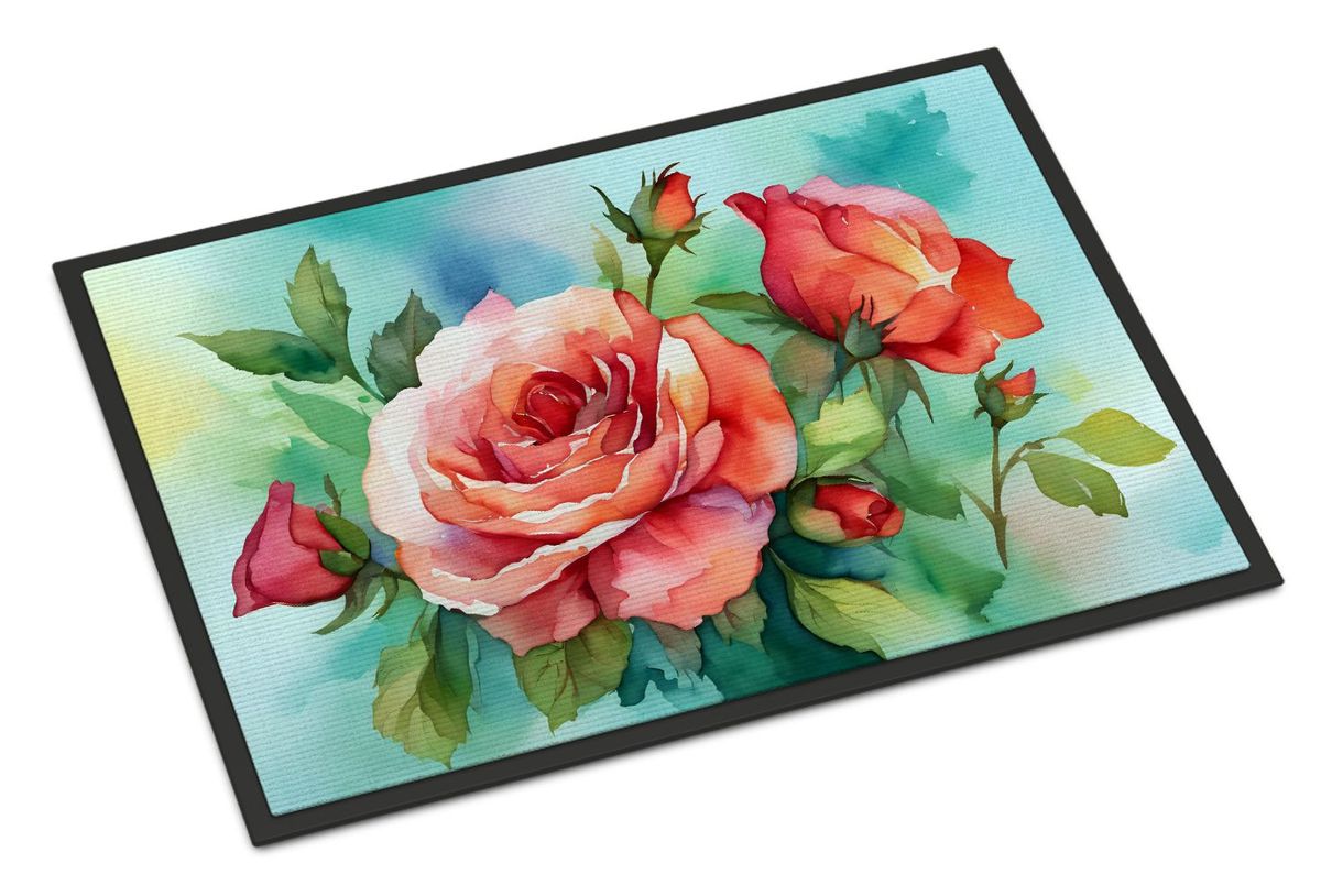 Oklahoma Roses In Watercolor Doormat Front Door Mat Indoor Outdoor Rugs For Entryway, Non Slip Washable Low Pile, 24H X 36W_maomaolike.com