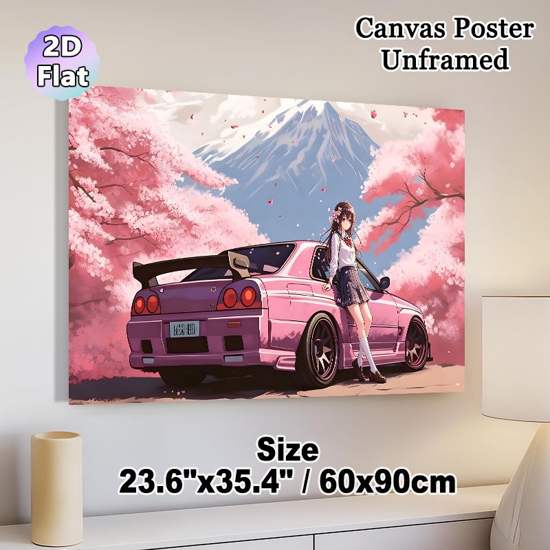 Anime Girl & Pink JDM Car With Cherry Blossom & Mount Fuji Painting Poster, Soft-toned Japanese Anime Style Poster, Charming Scenic Artwork For_maomaolike.com