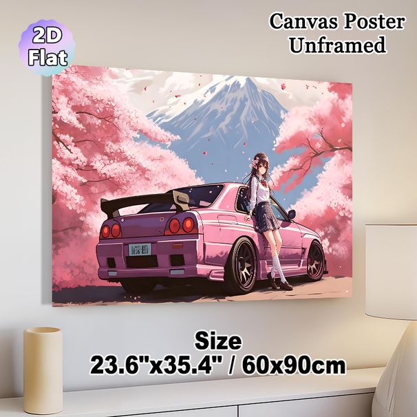 Anime Girl & Pink JDM Car With Cherry Blossom & Mount Fuji Painting Poster, Soft-toned Japanese Anime Style Poster, Charming Scenic Artwork For_maomaolike.com
