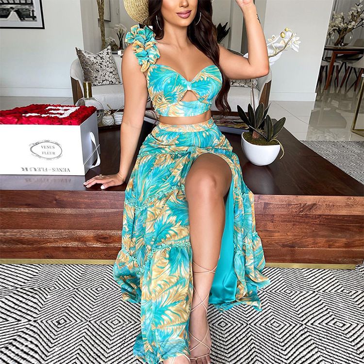Women's summer new printed one-shoulder sleeve two-piece sexy Skirt Suits_maomaolike.com