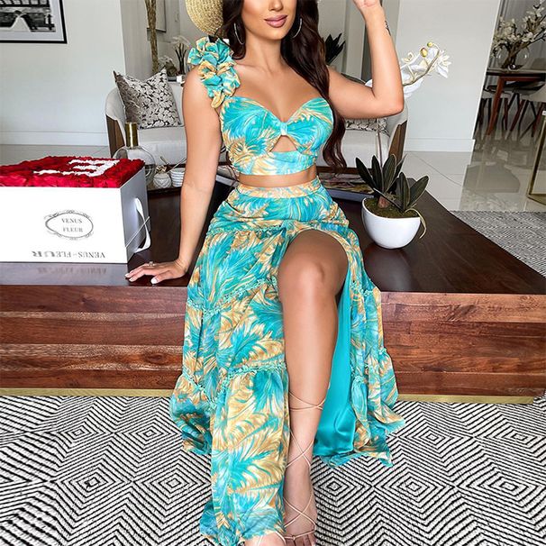 Women's summer new printed one-shoulder sleeve two-piece sexy Skirt Suits_maomaolike.com