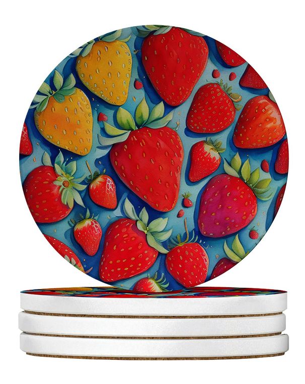 Colorful Strawberries Large Sandstone Coasters Pack Of 4 Absorbent Round Coasters Decor Gifts For Men Or Women, 4 In, Multicolor_maomaolike.com