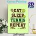 Tennis Themed Painting Poster, Playful Typographic Graphic Poster, "Eat Sleep Tennis Repeat" Design With Racket, Balls, Net & Sneakers, Sporty Decor_maomaolike.com