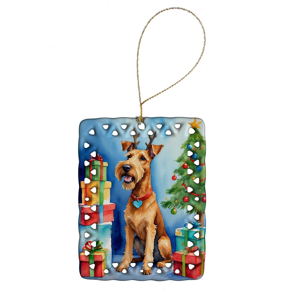 Irish Terrier Christmas Reindeer Porcelain Ornament Christmas Tree Hanging Decorations For Home Christmas Holiday, Rectangle, Gift, Multicolor_maomaolike.com