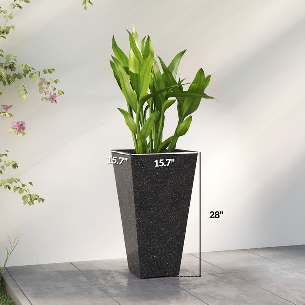 28" Tall Planters, Set Of 3 Plastic Flower Pots With Marble Finish And Drainage Holes, Stackable Taper Planters, Black_maomaolike.com