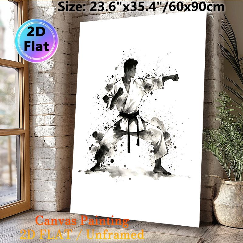 Karate Themed Painting Poster, Monochrome Ink Wash Style Karate Practitioner In Combat Stance Poster, Artistic Splatter Design Ideal For Home Gym_maomaolike.com