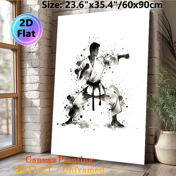 Karate Themed Painting Poster, Monochrome Ink Wash Style Karate Practitioner In Combat Stance Poster, Artistic Splatter Design Ideal For Home Gym_maomaolike.com