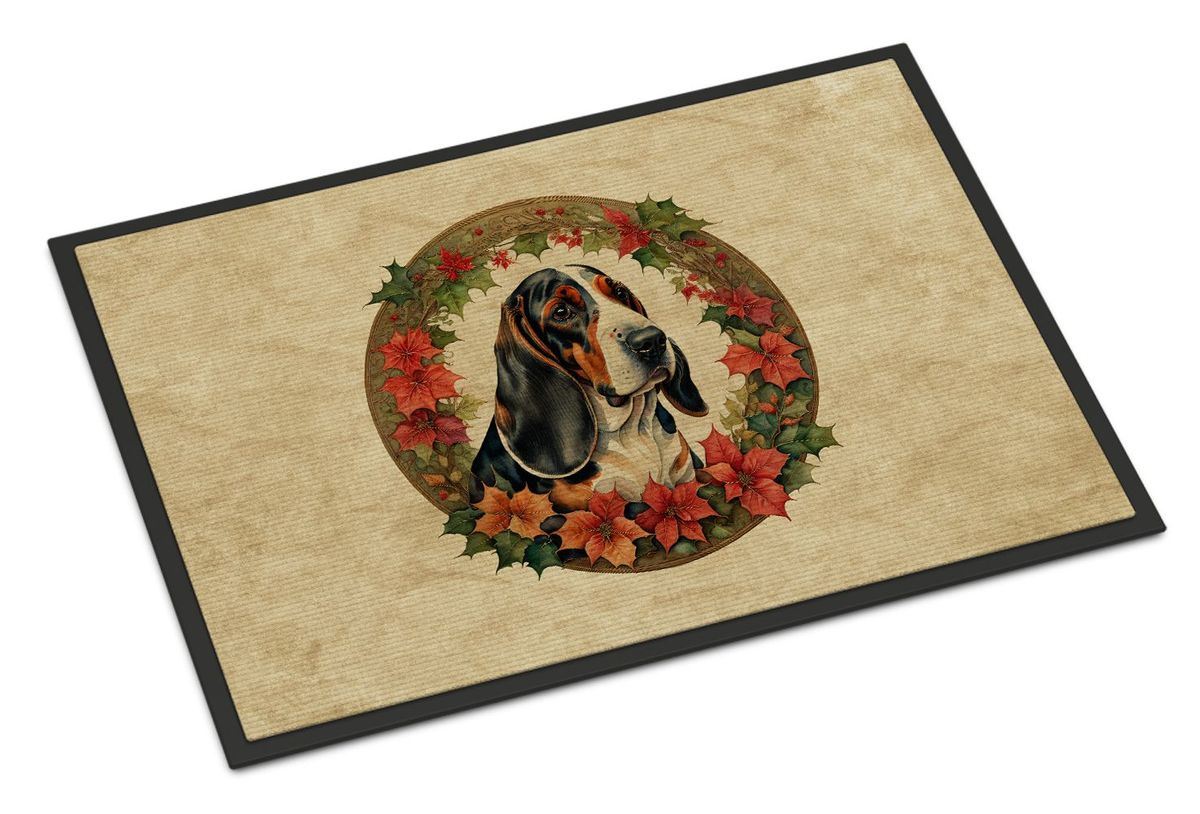 Basset Hound Christmas Flowers Doormat Front Door Mat Indoor Outdoor Rugs For Entryway, Non Slip Washable Low Pile, 24H X 36W_maomaolike.com