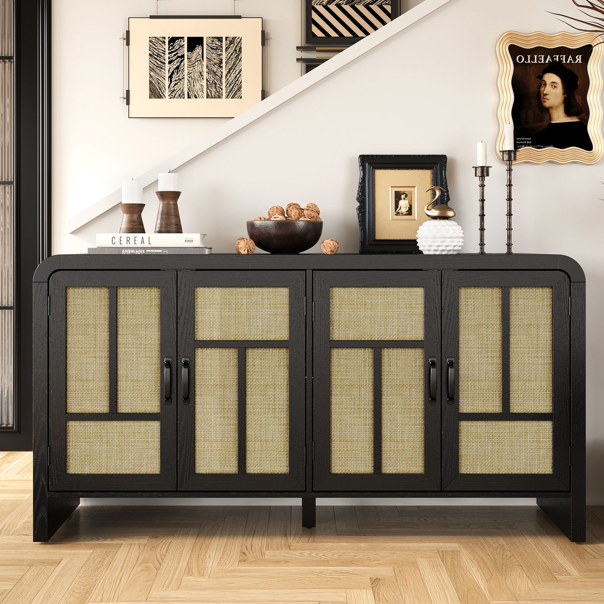 Rattan Sideboard Buffet Cabinet With Storage, 59'' Large Boho Storage Cabinet With 4 Doors And Adjustable Shelves, Black Wood Console Table For Kitchen, Entryway, Dining Room, Living Room_maomaolike.com