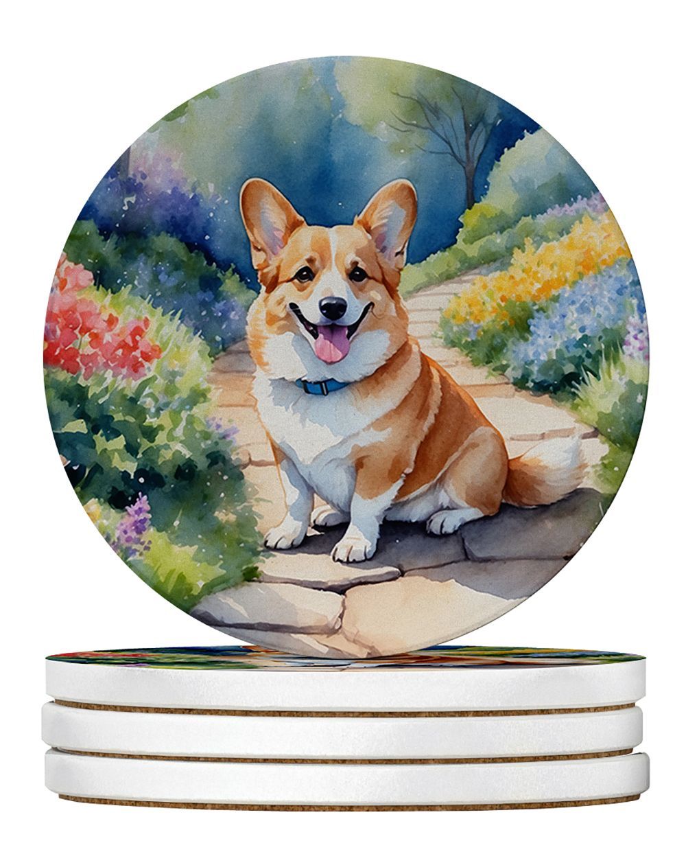 Corgi Spring Path Large Sandstone Coasters Pack Of 4 Absorbent Round Coasters Decor Gifts For Men Or Women, 4 In, Multicolor_maomaolike.com