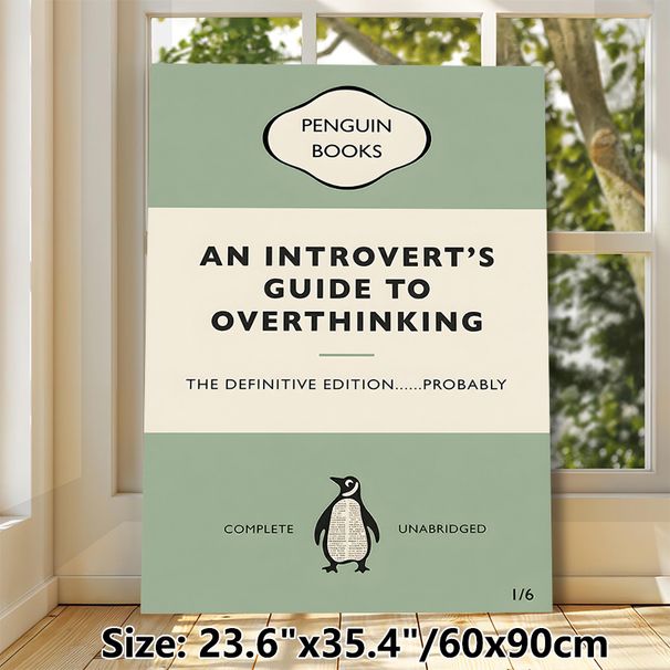 Introvert's Overthinking Guide Penguin Books Painting Poster, Vintage Minimalist Typographic Poster With Penguin Graphic, Witty Relatable Design Ideal_maomaolike.com