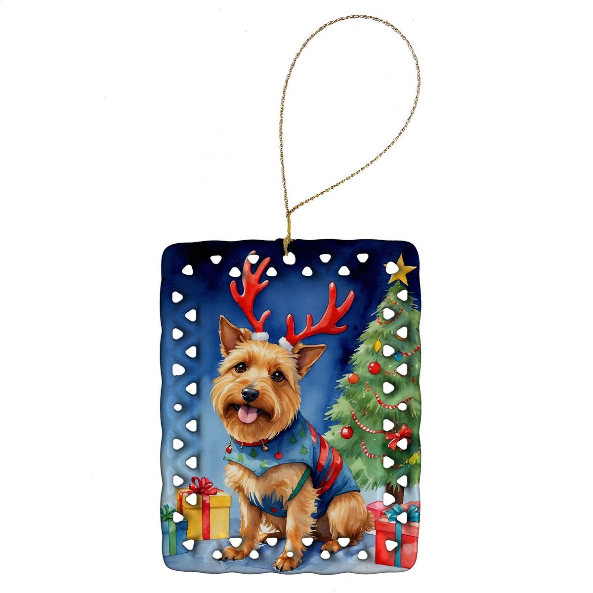 Australian Terrier Christmas Reindeer Porcelain Ornament Christmas Tree Hanging Decorations For Home Christmas Holiday, Rectangle, Gift, Multicolor_maomaolike.com