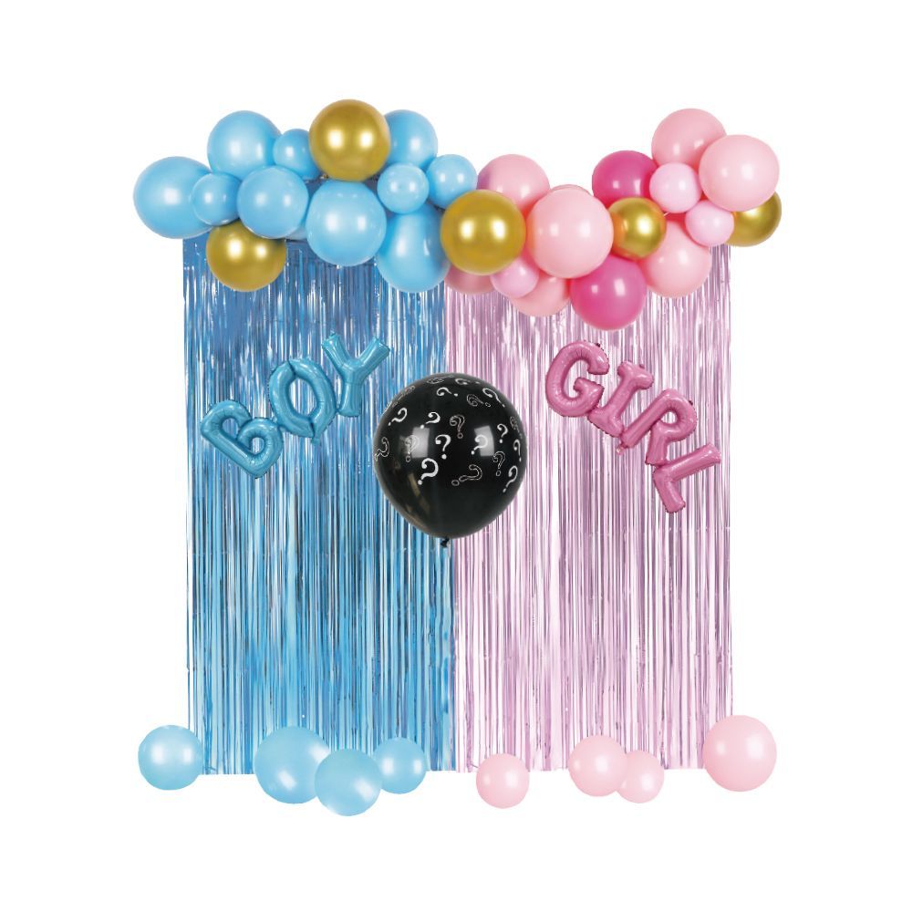 624pcs Roll Over Image To Zoom In Gender Reveal Decoration Set - Metallic Fringe Curtains + BOY Girl Foil Balloons Gender Reveals Party Photo Backdrop (Pink/Blue)_maomaolike.com