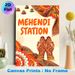 Mehendi Station Painting Poster, Vibrant Ethnic Indian Style Poster, Features Intricate Henna Hands, Festive Lanterns & Traditional Motifs, Brings_maomaolike.com