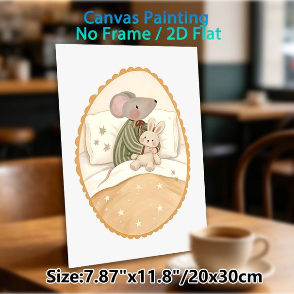 Bedtime Mouse With Bunny Painting Poster, Warm-toned Cute Cartoon Style Poster, Cozy Gentle Design With Star Details, Ideal For Bedroom_maomaolike.com