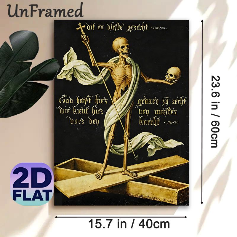 Memento Mori Painting Poster, Vintage Gothic Skeleton With Cross & Skull On Coffin Poster, Dark Retro Art Decor Suitable For Gothic-style Living_maomaolike.com