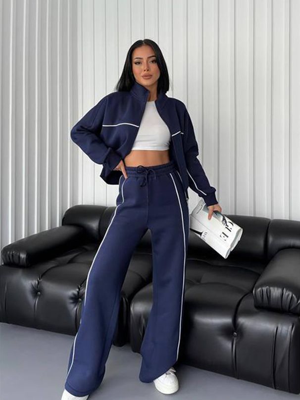 Women's Clothing leisure suit long sleeved half high collar cardigan sweater lace up striped trousers_maomaolike.com