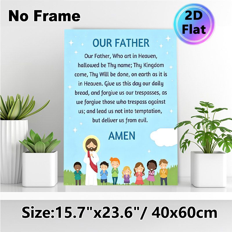 Our Father Prayer Painting Poster, Warm Cartoon-style Poster With Classic Prayer Text And Praying Figures, Gentle Religious Decor Ideal For Church_maomaolike.com