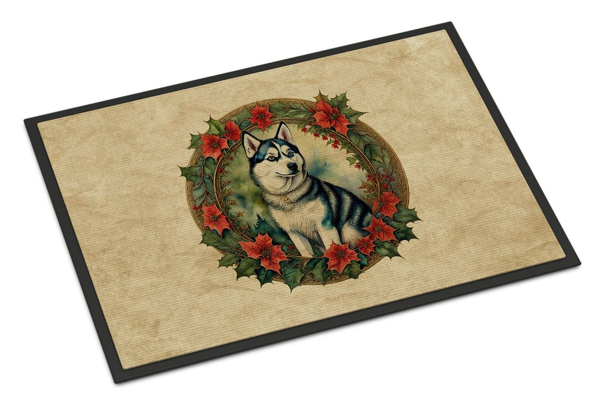 Siberian Husky Christmas Flowers Doormat Front Door Mat Indoor Outdoor Rugs For Entryway, Non Slip Washable Low Pile, 24H X 36W_maomaolike.com