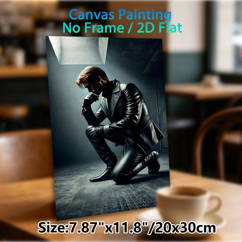 Mysterious Pensive Man Painting Poster, Dim-lit Moody Noir-style Poster, Atmospheric Artistic Decor Featuring Leather-clad Contemplative Figure, Ideal_maomaolike.com