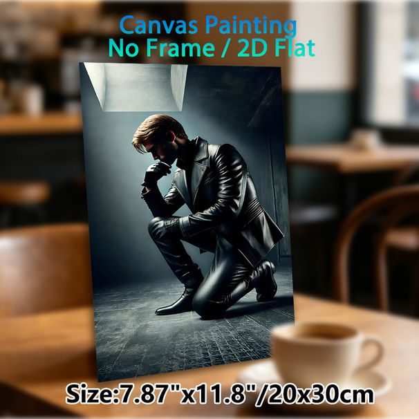 Mysterious Pensive Man Painting Poster, Dim-lit Moody Noir-style Poster, Atmospheric Artistic Decor Featuring Leather-clad Contemplative Figure, Ideal_maomaolike.com