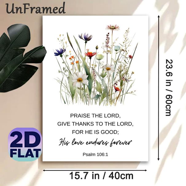 Bible Verse Wildflower Painting Poster, Soft Watercolor Delicate Wildflower & Psalm 106:1 Text Poster, Serene Inspirational Decor For Living Room_maomaolike.com