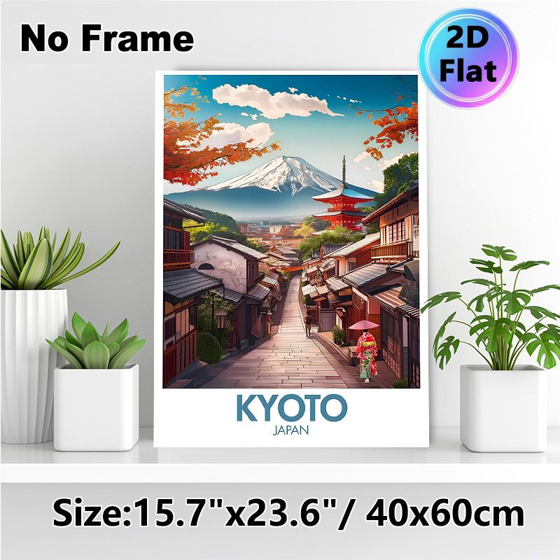 Kyoto Japan Landscape Painting Poster, Vibrant Autumn Foliage & Traditional Street With Mount Fuji Poster, Captivating Japanese Scenery Decor For_maomaolike.com