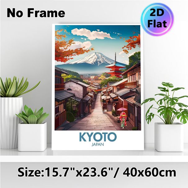 Kyoto Japan Landscape Painting Poster, Vibrant Autumn Foliage & Traditional Street With Mount Fuji Poster, Captivating Japanese Scenery Decor For_maomaolike.com