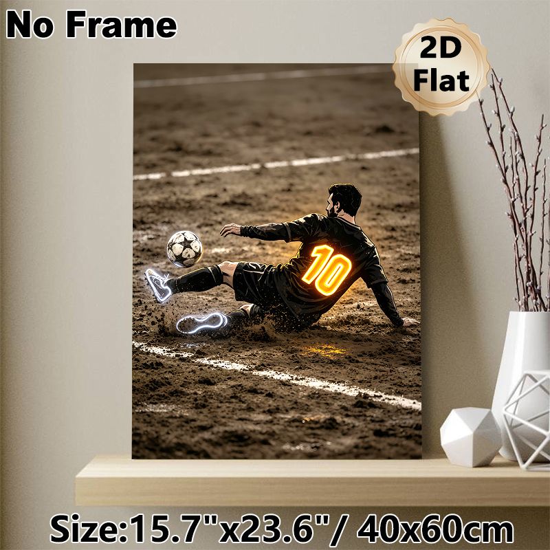 Soccer Player Painting Poster, Dynamic Illustrated Soccer Player Sliding For Ball Poster, Eye-catching Glowing Number 10 And Cleats, Ideal For Game_maomaolike.com