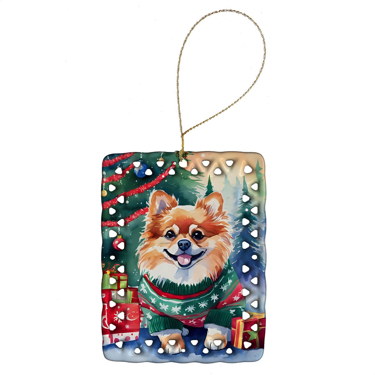 Pomeranian Christmas Porcelain Ornament Christmas Tree Hanging Decorations For Home Christmas Holiday, Rectangle, Gift, Multicolor_maomaolike.com