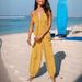Women's Clothing deep V halterneck sleeveless pleated pocket back tie wide leg cuff long jumpsuit_maomaolike.com