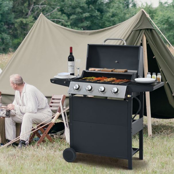 Propane Gas Grill 4 Burner Barbecue Grill, Stainless Steel 34,000 BTU Patio Garden Barbecue Grill With Two Shelves, Lid, Wheels And Bottle Opener_maomaolike.com