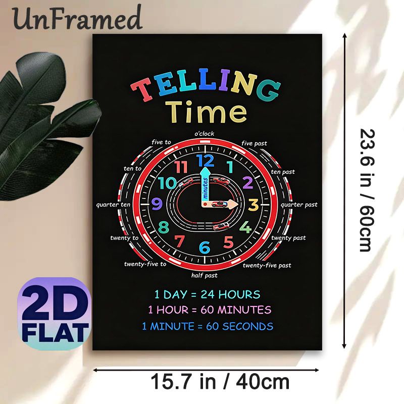 Telling Time Painting Poster, Vibrant Race Car Clock Graphic Poster, Educational Tool To Learn Time Reading And Conversions, Ideal For Classroom Or_maomaolike.com