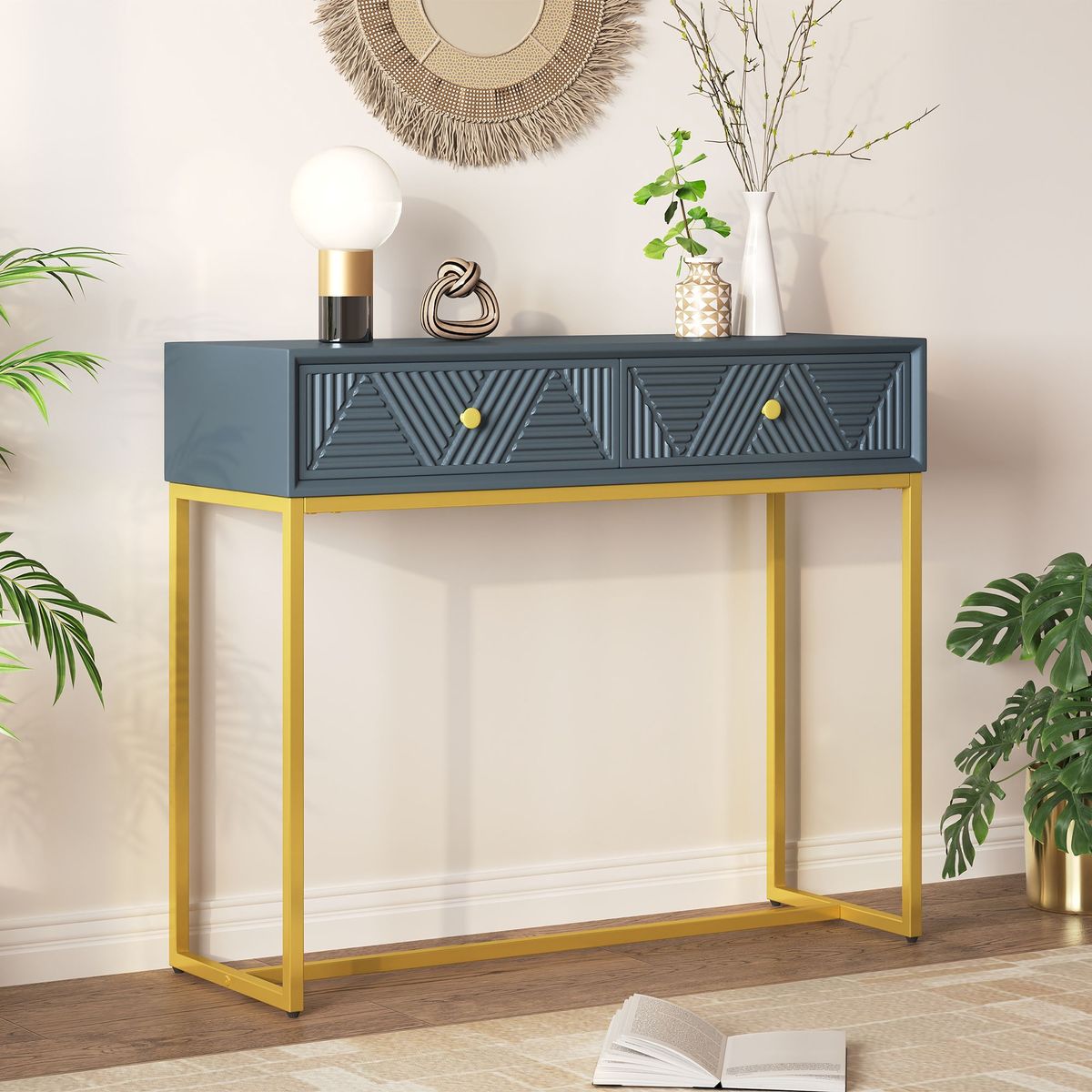 Modern Sleek Console Table Two Drawers With Stripe Design For Living Room And Entryway_maomaolike.com