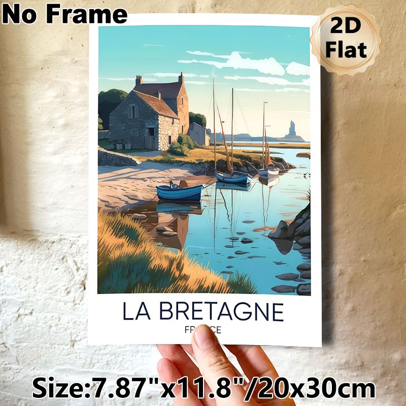 Brittany France Coastal Village Painting Poster, Warm-toned Stylized Illustration Poster, Serene Harbor Scene With Boats & Stone Cottages, Peaceful_maomaolike.com