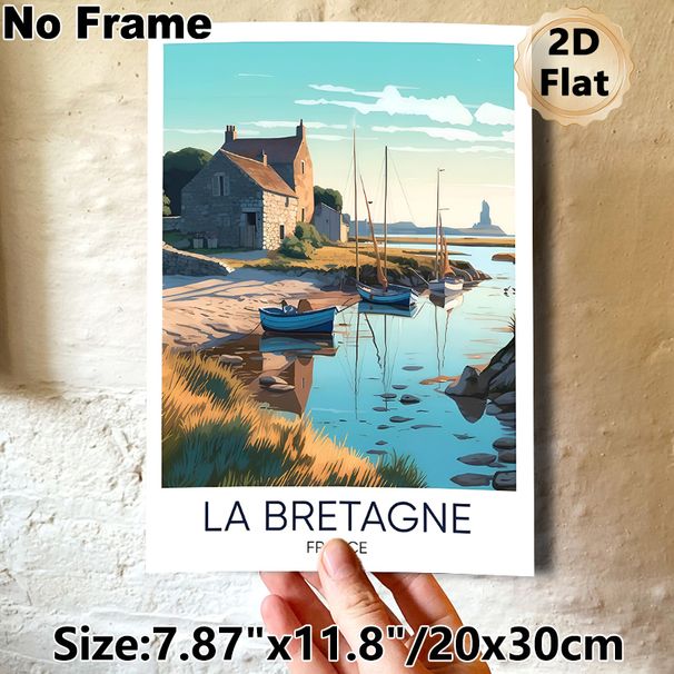 Brittany France Coastal Village Painting Poster, Warm-toned Stylized Illustration Poster, Serene Harbor Scene With Boats & Stone Cottages, Peaceful_maomaolike.com
