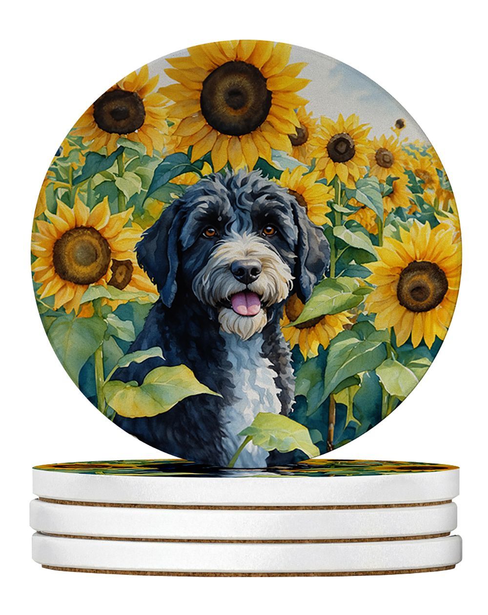 Portuguese Water Dog In Sunflowers Large Sandstone Coasters Pack Of 4 Absorbent Round Coasters Decor Gifts For Men Or Women, 4 In, Multicolor_maomaolike.com