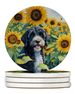 Portuguese Water Dog In Sunflowers Large Sandstone Coasters Pack Of 4 Absorbent Round Coasters Decor Gifts For Men Or Women, 4 In, Multicolor_maomaolike.com