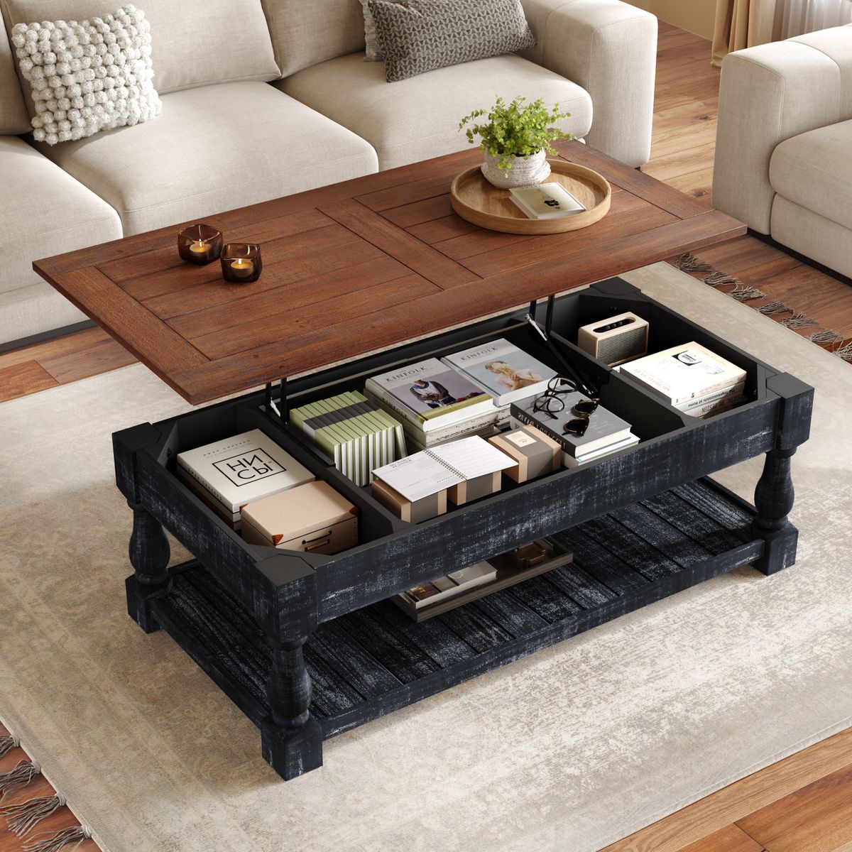 Retro Lift-Top Coffee Table With Storage For Living Room, Hidden Compartment & Lower Shelf, Espresso & Weathered Black Finish_maomaolike.com